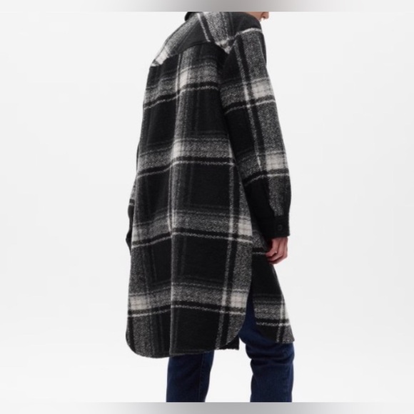 Gap Black Plaid Long Wool Shirt Jacket - Picture 2 of 6